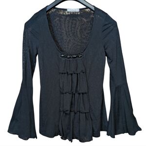 Testament Black Y2K Jeweled Ruffled Top Size Small